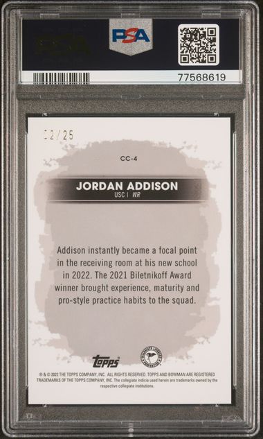 2022 BOWMAN'S BEST UNIVERSITY JORDAN ADDISON CAMPUS CAPTAINS ORANGE /25  #CC4 PSA 9 MINT