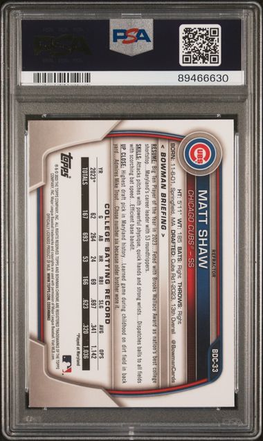 2023 BOWMAN DRAFT MATT SHAW CHROME-REFRACTOR #BDC-33 PSA 10 GEM MT